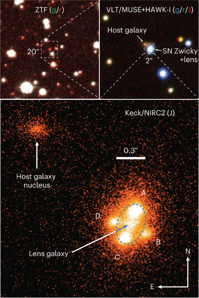 Une lentille gravitationnelle divise la lumière d'une supernova en quatre -  Observatoire de Lyon